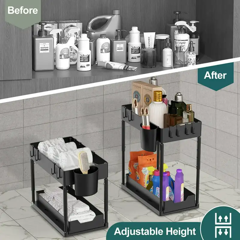 

Sink Organizer Adjustable Height, 2 Pack Bathroom Cabinet Organizer, 2 Tier Sliding Cabinet Basket Organizer Drawer, Multi-Purpo