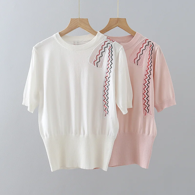 

Женский Свободный Топ TB с коротким рукавом, милый вязаный свитер из вискозы, короткая летняя футболка, Новинка