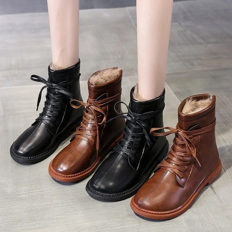 

Women Boots Winter Warm Shoes with Plush Round Toe 3cm Heel Zip Ankle Boots for Woman Fashion Black Brown 35-40