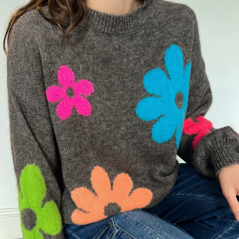 Женский вязаный свитер свободного покроя с длинным рукавом и круглым вырезом