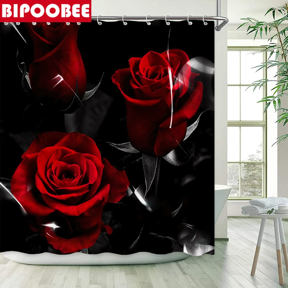 Трехмерная занавеска для душа с крючками коврик ванной красной розы на подставке