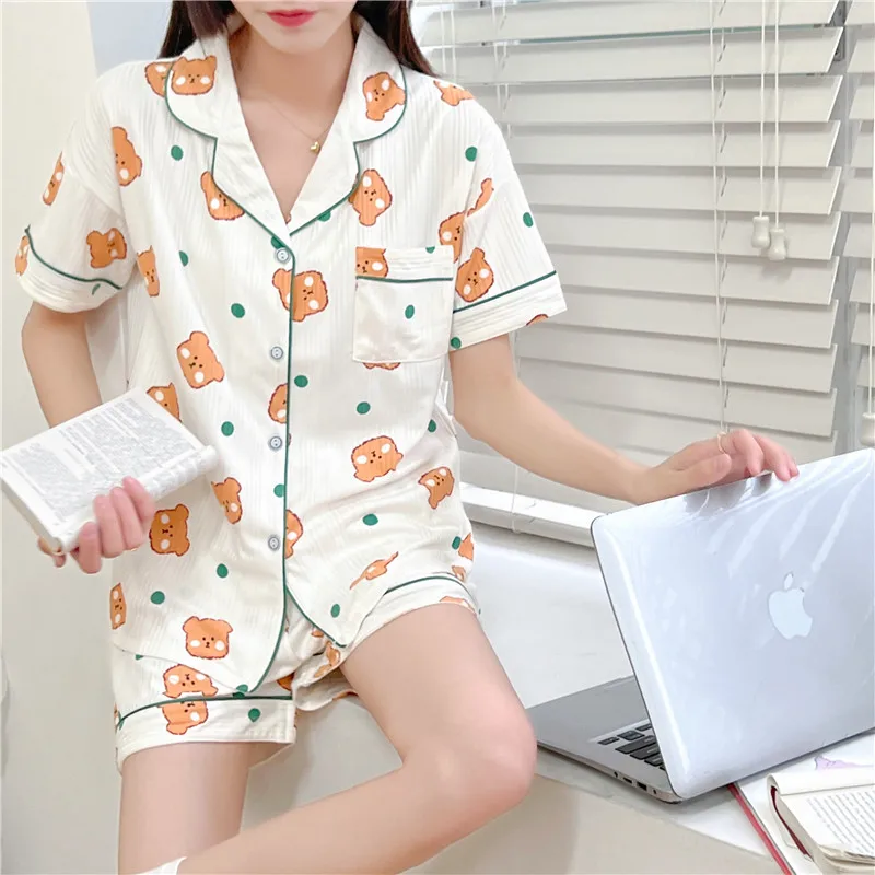 CAIYIER Women Embroidery Bear Sleepwear Lovely Female Nightwear Girl Cardigan Short Sleeve Top & Shorts Kawaii Summer Loungewear
