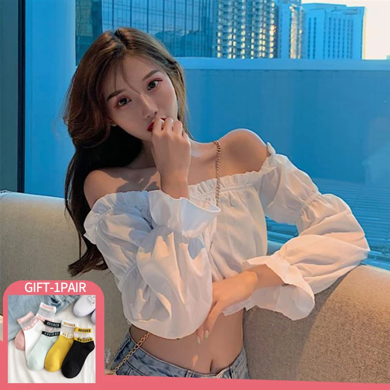 

Blouses Tops Women 2022 Club Party White Shirt Puff Sleeve Ruffle Tunic Crop Top Summer Off Shoulder Long Sleeve Tube Top