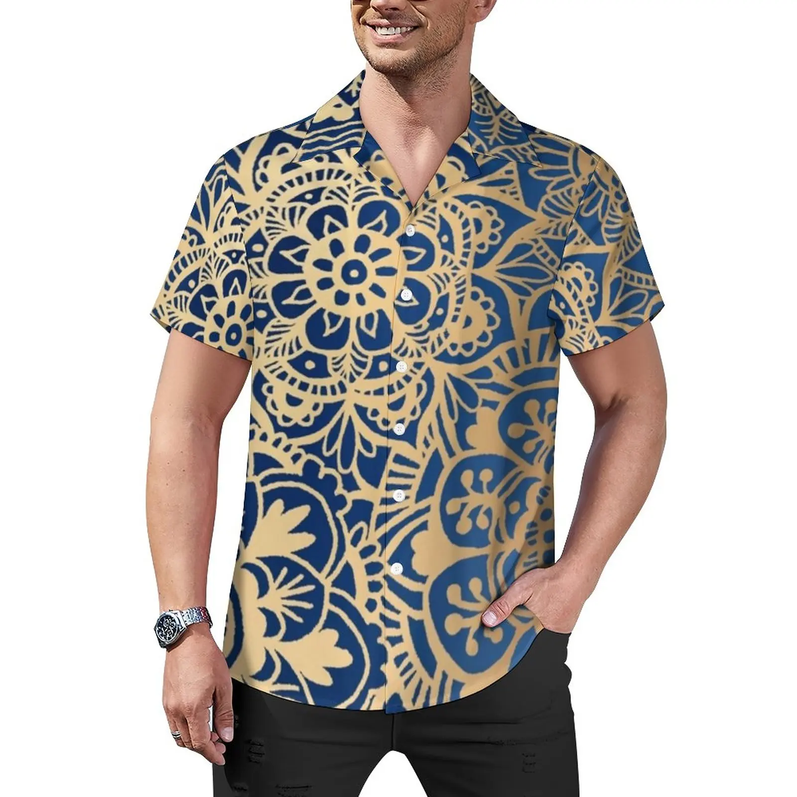 

Голубая и Оригинальная Повседневная рубашка, винтажная Свободная рубашка с цветочным принтом для отпуска, Гавайские модные блузки, Топ оверсайз с коротким рукавом