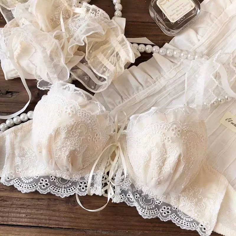 Japanese Lolita bra underwear female lace embroidery bralette girl brassiere small chest no steel ring bra and panty set gathere