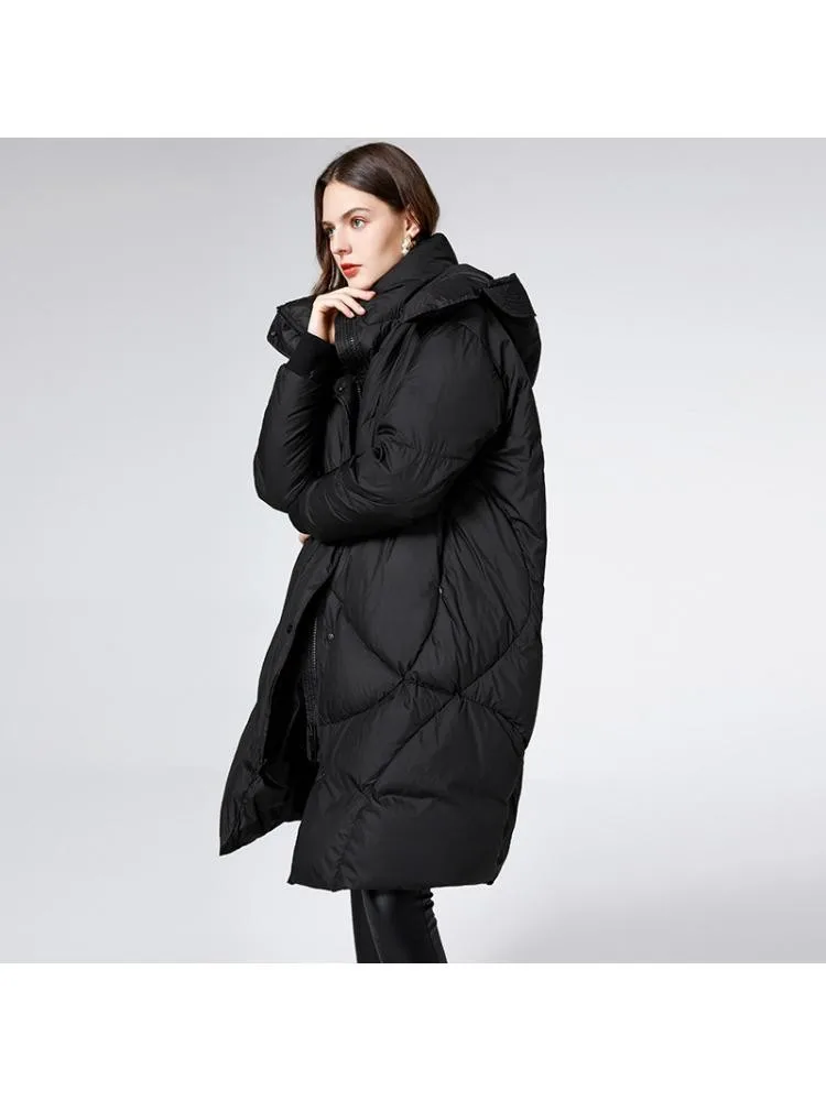 2022 Winter New Thicked Long Black Hooded 90 White Duck Down Coats Women Loose Fashion Style Padded Warmer Bread Jackets