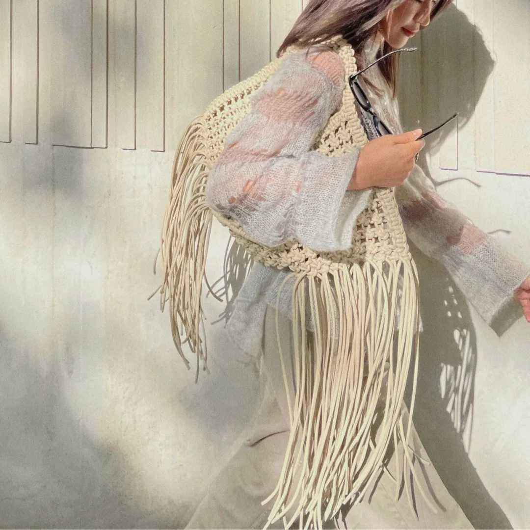 

Tas Tangan Wanita Tenun Tali Berongga Desain Tote Kapasitas Besar Rumbai Bohemian Tas Bahu Pantai Musim Panas Dompet Besar