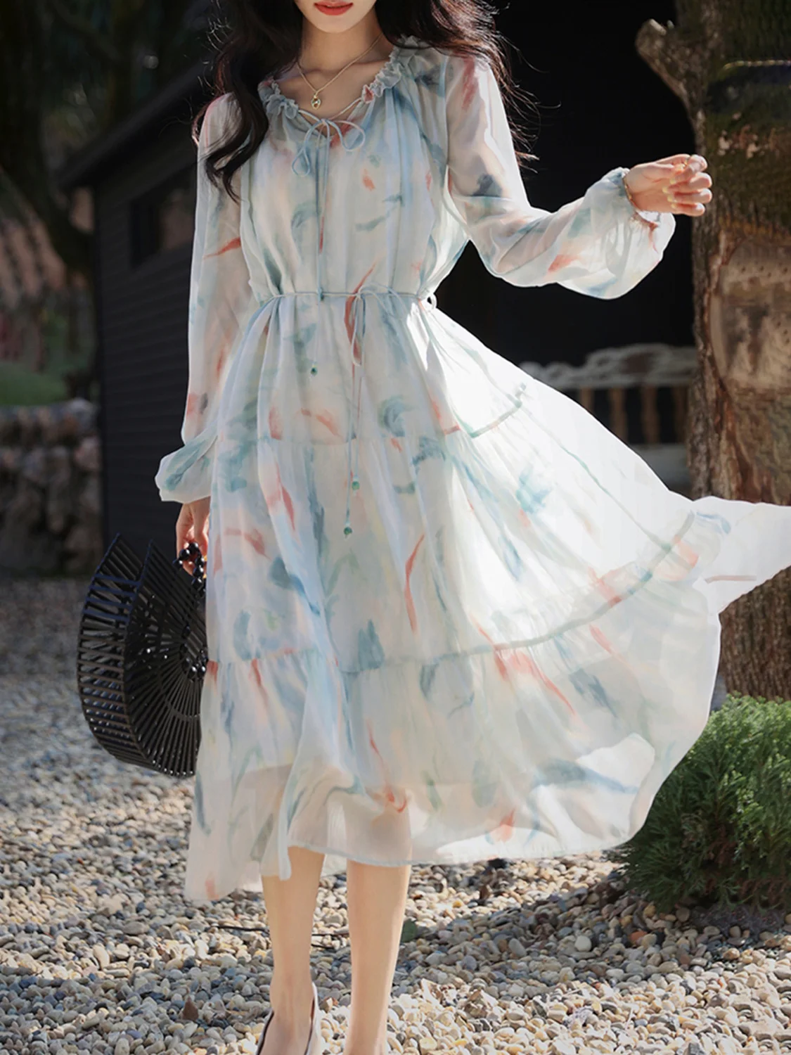 

Eleganr Floral Midi Dress Women Outwear Beach Style Party Dress Office Lady Casual Vintage One Piece Dress Korean 2023 Summer