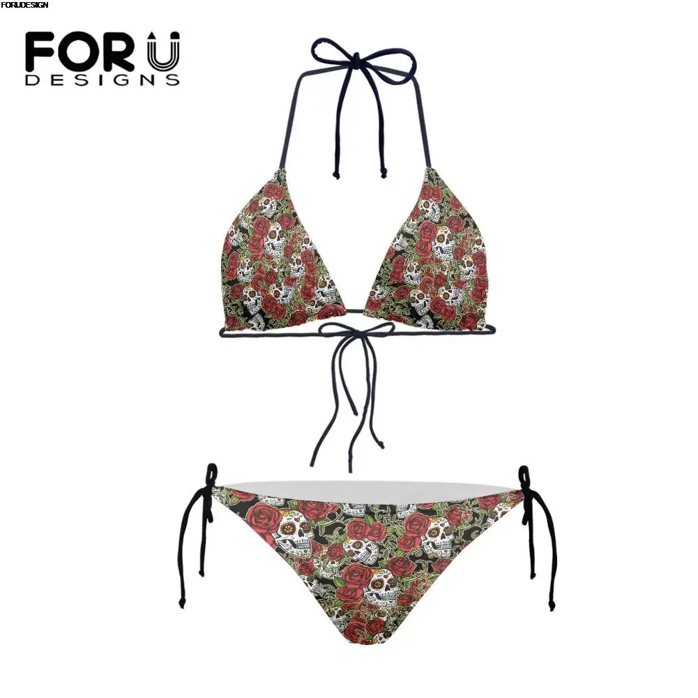 

FORUDESIGNS 2022 Gothic Floral Skull Design Women Thong Halter Bikini Set Two Pieces Swimsuit Push Up Swimwear For Females