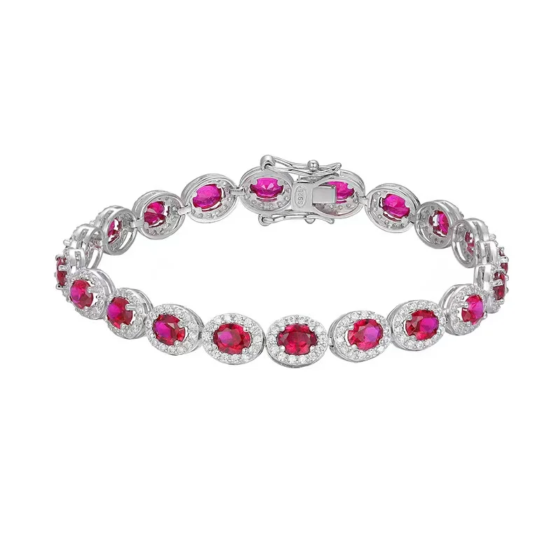 

Trendy 15-20cm 925 Sterling Silver Oval Red Corundum Gemstone Bracelet for Women Jewelry Ruby Bracelets Bangle Birthday Gift