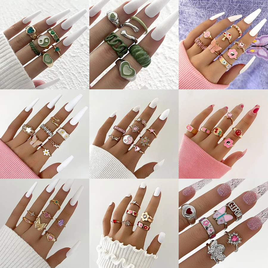

Bohemia Colorful Enamel Finger Ring Set For Women Heart Butterfly Flower Crystal Kunckle Rings Fashion Lady Party Jewelry
