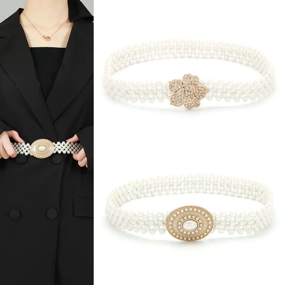 

Simple Thin Elastic Skirt Diamond Women Flower Girls Fashion Pearl Waist Belt Metal Buckle Female Waistband Waist Belt