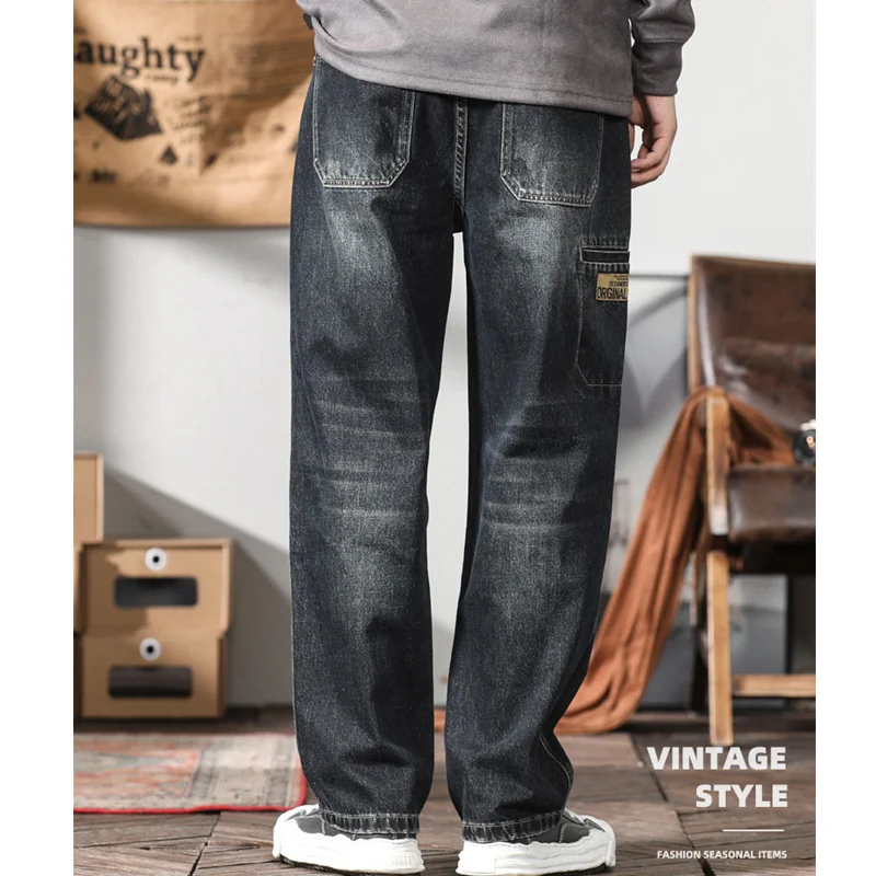 Men Clothing New Recreational Vintage Broad Leg Blue Black Jeans Straight Cylinder Large Loose The Floor Trousers Autumn Female