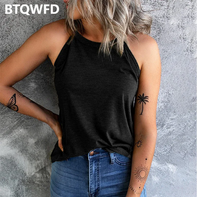 

Women's Summer Sleeveless Halter Neck Tee Tops T-shirts Clothes Tank Ladies Pullover Vest For Ages 18-35 Years Old Solid Color