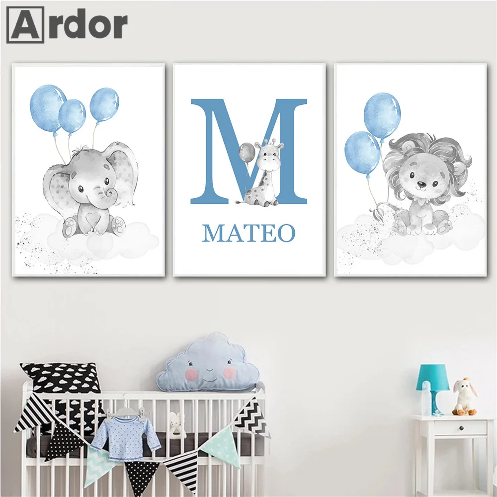 

Custom Name Wall Art Print Elephant Lion Deer Balloon Canvas Painting Nursery Poster Jungle Animal Pictures Baby Kids Room Decor