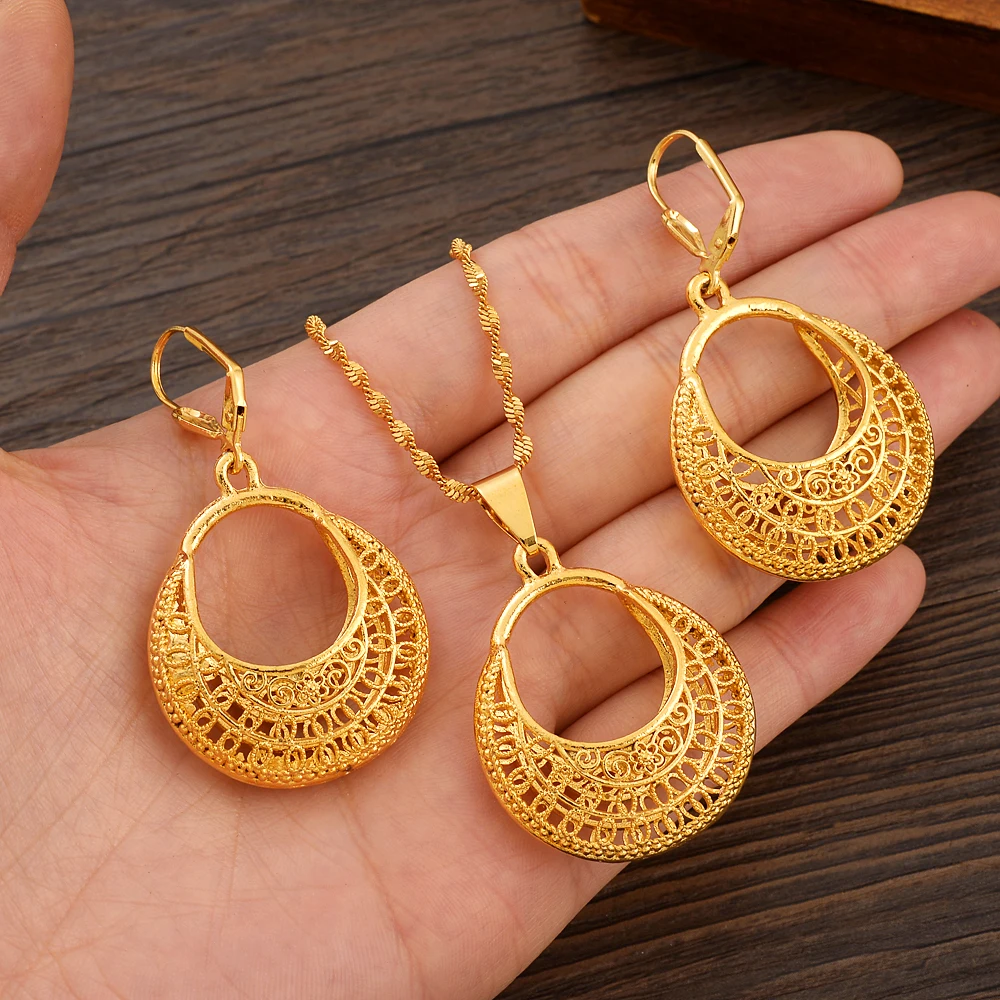 

Round 24k Gold Plated Africa dubai India Jewelry Necklace pendant Earrings Wedding Birthday Party Sets For Women Girl Gifts