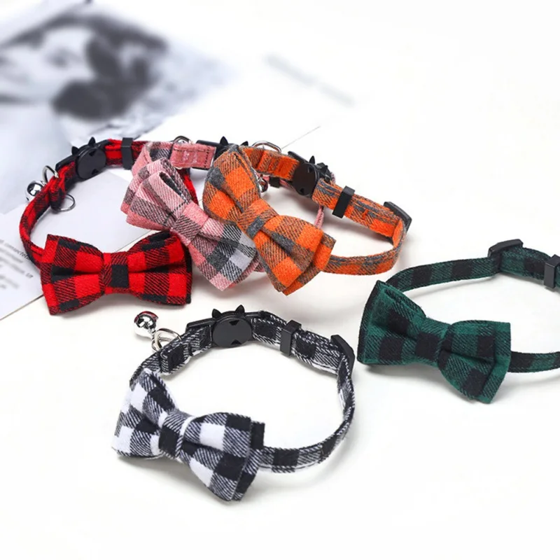

Bowknot Cat Collar Bow Tie With Bell Safety Buckle Plaid Christmas Chihuahua Necklace Elastic Adjustable Dog Collar for Puppy