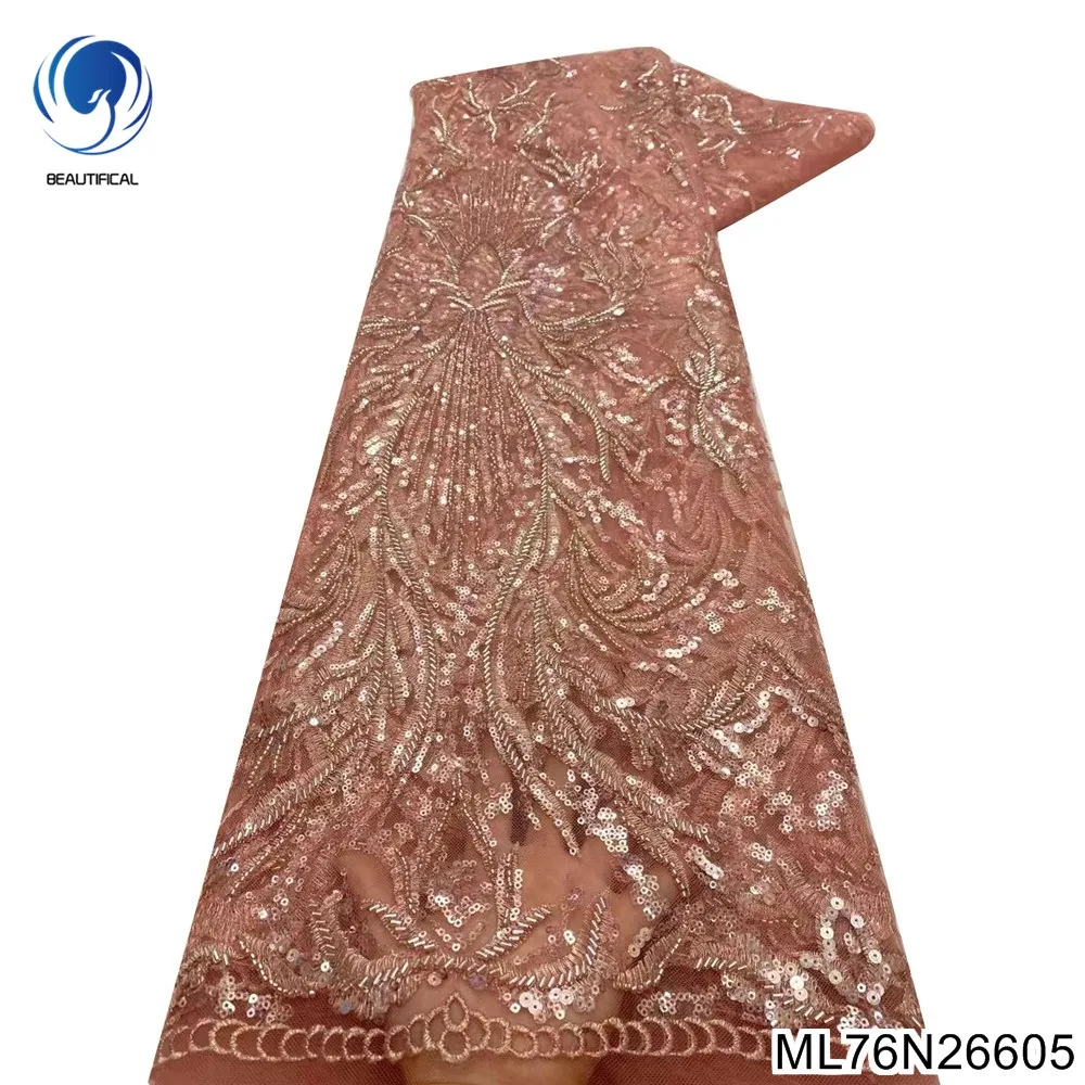 

Latest Nigerian 5 Yards Lace Fabric with Bead & Sequins 2022 New African Tulle Mesh Fabric for Wedding Party Dress ML76N266