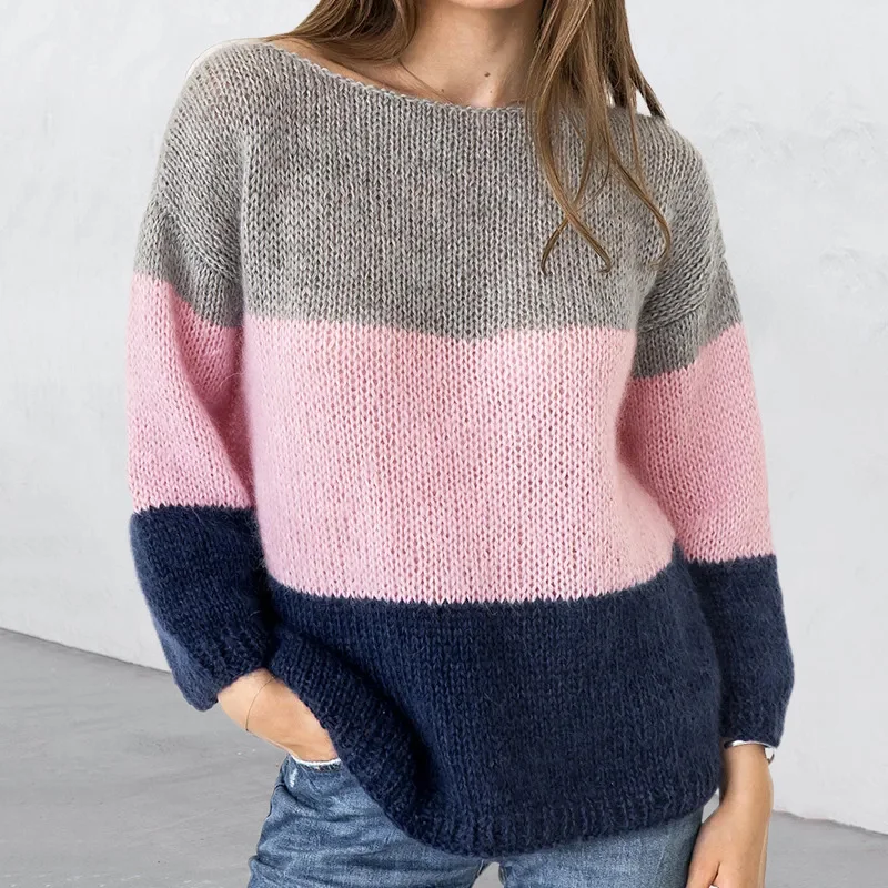 

Женский трикотажный свитер с круглым вырезом и длинным рукавом, элегантный Свободный пуловер контрастных цветов, удобный теплый джемпер на осень и зиму