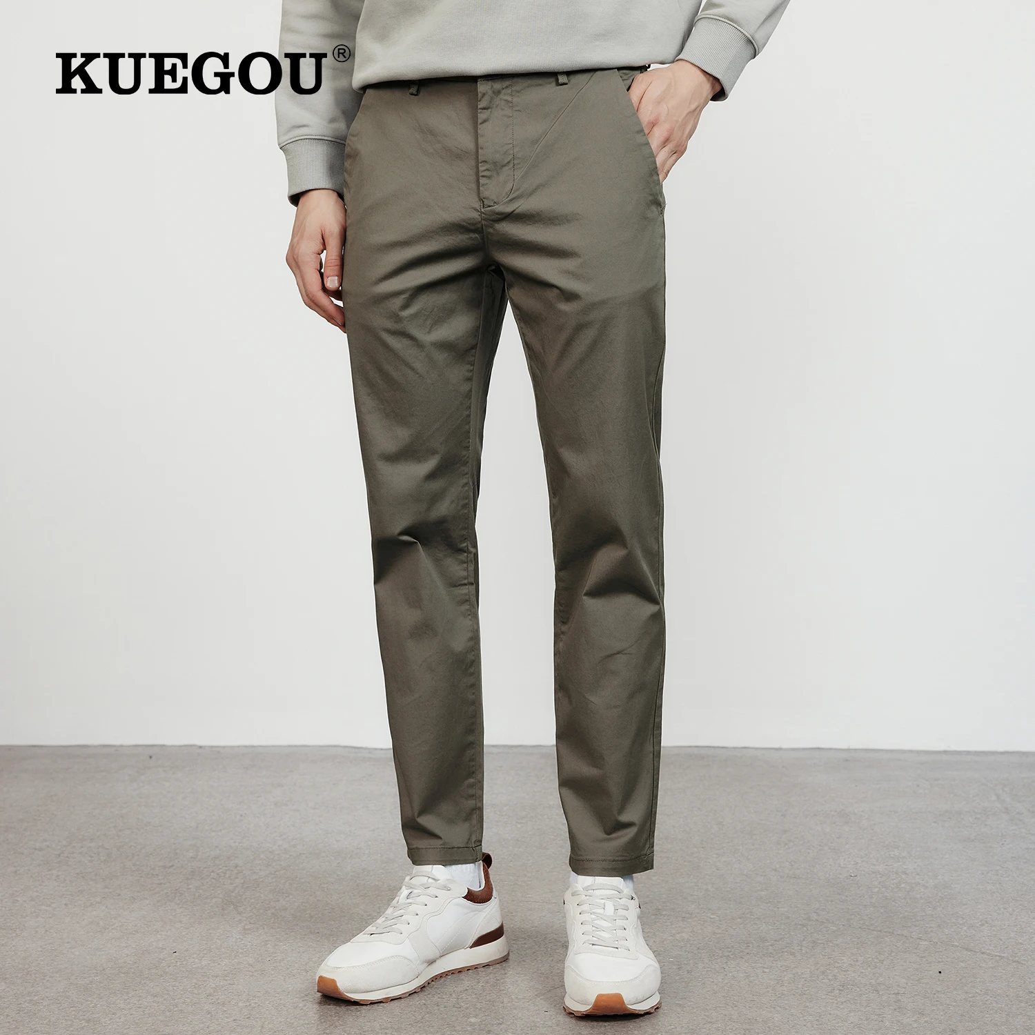 

KUEGOU 2022 Autumn New Men's Straight Pants Thin Ankle-Length Stretch Casual Khaki-green Trousers Cotton Blend Plus Size 3116