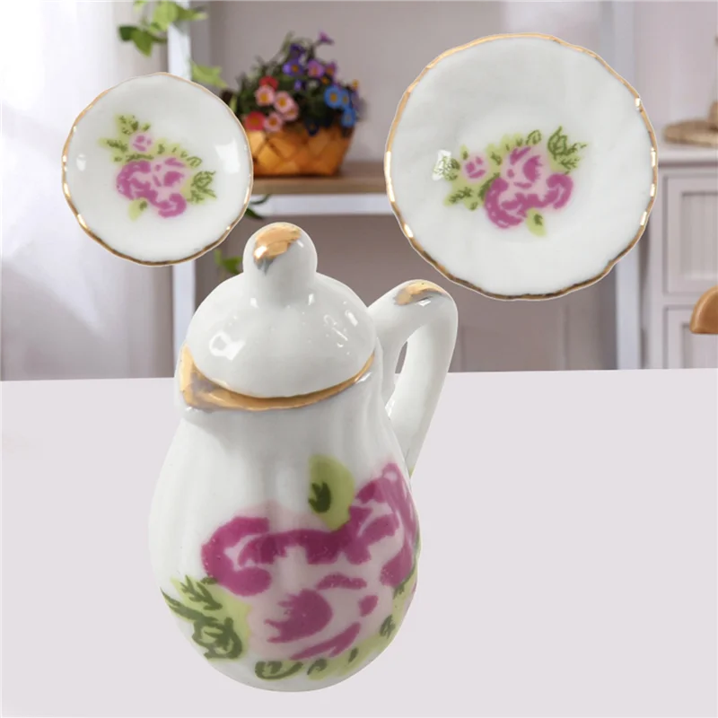 

60 Pieces Porcelain Tea Set Dollhouse Miniature Foods Chinese Rose Dishes Cup