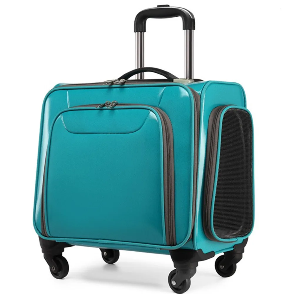 18 Inch PU Pets Trolley Case Cat Dog Travel Suitcase Bag Ventilated Breathable Mute Universal Wheel Handbag Storage Pet Stroller