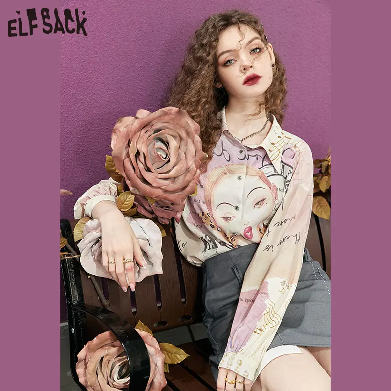 ELFSACK Vintage Chiffon Blouses Women 2023 Spring New Long Sleeve Casual Tops