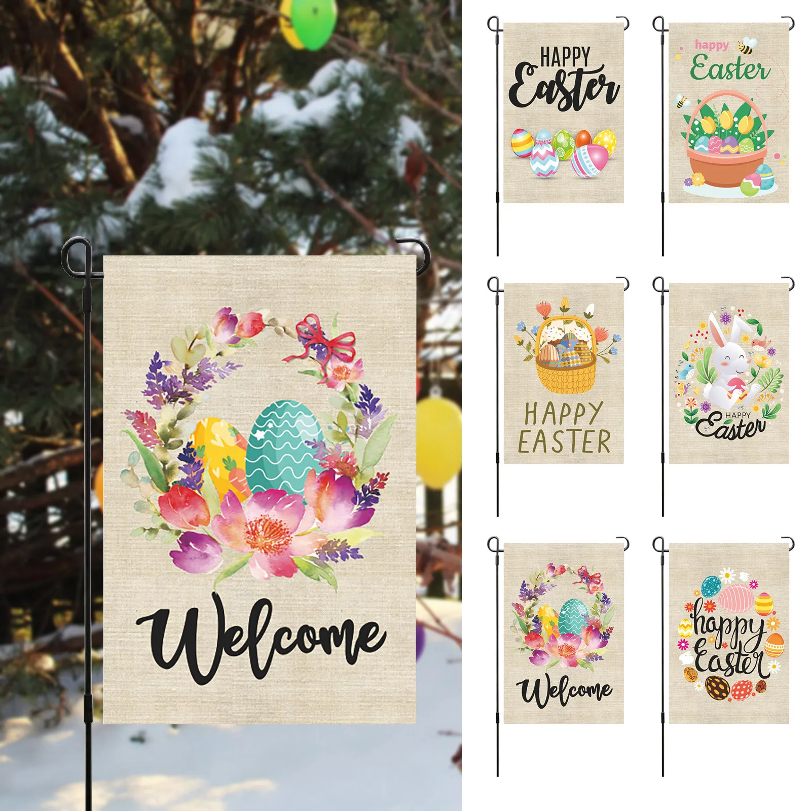 

Easter Fabric Easter Rabbit Hanging Welcome Yard Flags Garden Outdoor Decor For Happy Easter Banner Home Decoration Accessories