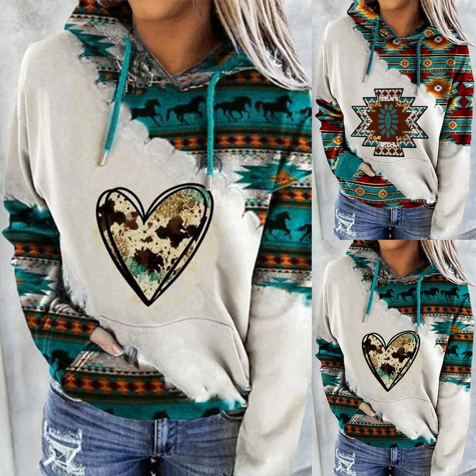

Long Fleece Sweatshirt Women Hooded Sweatshirt Pullover Ethnic Print Long-Sleeved O-Neck Pocket Tops Zip Crop Hoodies Women