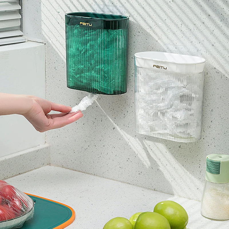 

Wall Mounted Disposable Food Cover Storage Box Kitchen Bathroom Organizers Punch Free Removable Plastic Wrap Bag Holder Box