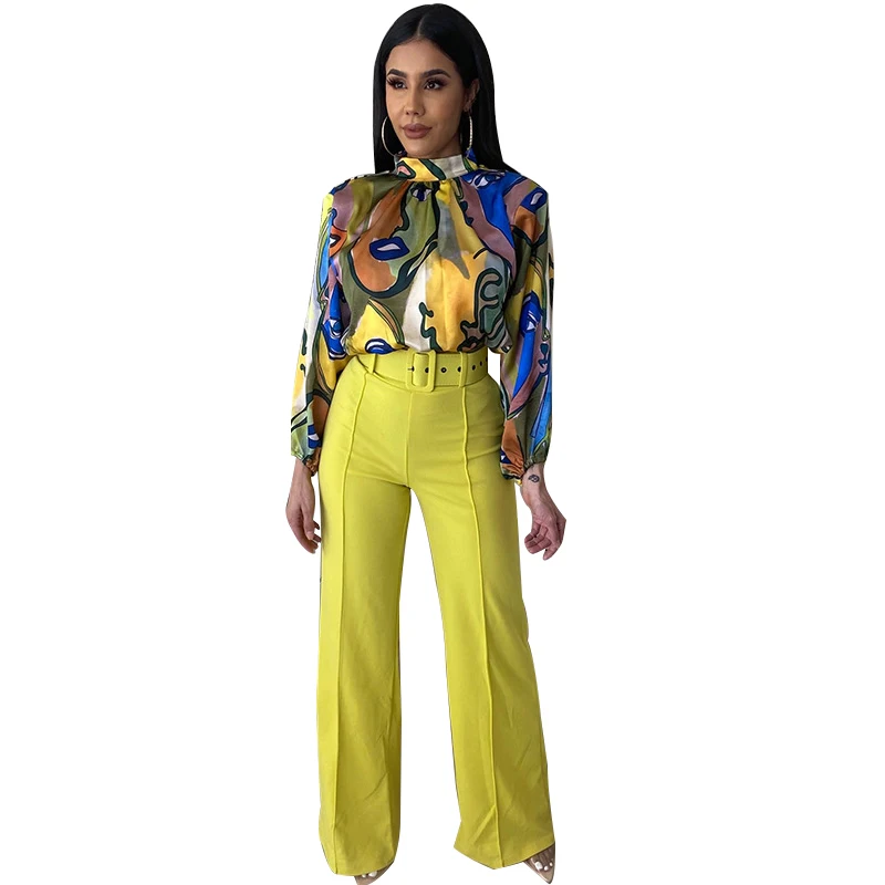 

Женский офисный костюм из двух предметов, топ с воротником-стойкой и длинными рукавами, модный брючный костюм в стиле ампир с принтом и широ...