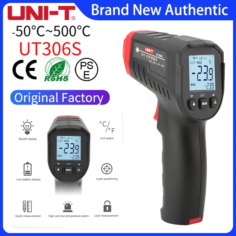 

Фотоцифровой термометр UT306S UT306C, Бесконтактный промышленный инфракрасный лазерный измеритель температуры, тестер-50-500