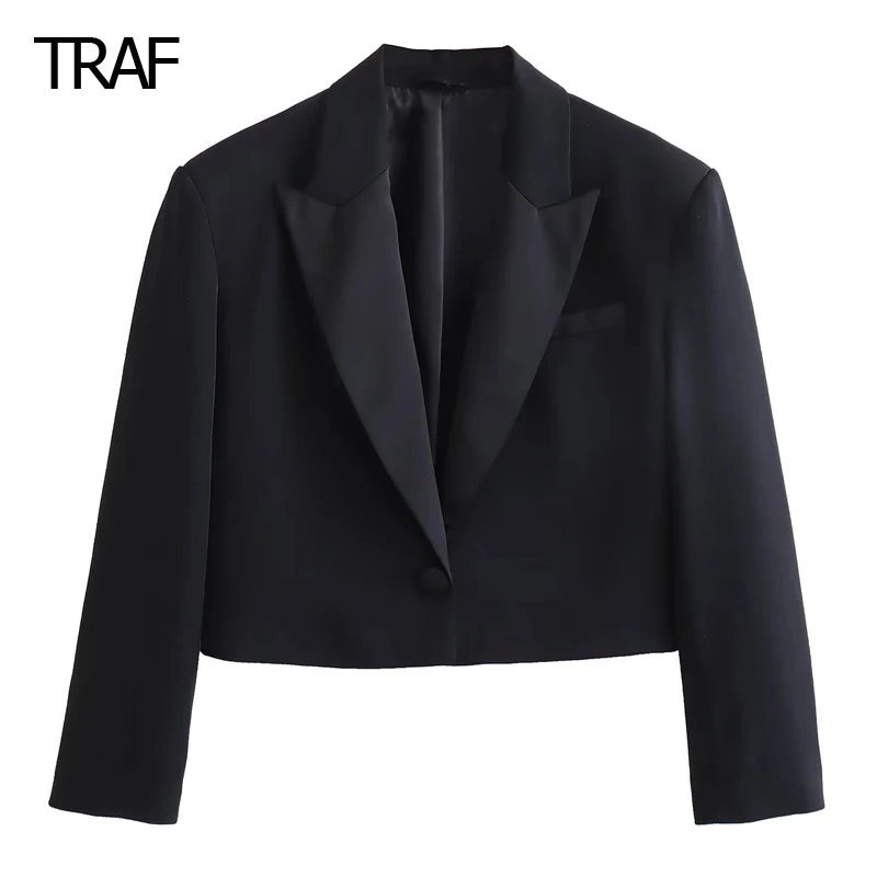 

TRAF Satin Short Blazer for Women Summer 2023 Black Long Sleeve Lapel Collar Elegant Female Tailoring Blazer Work Short Coats