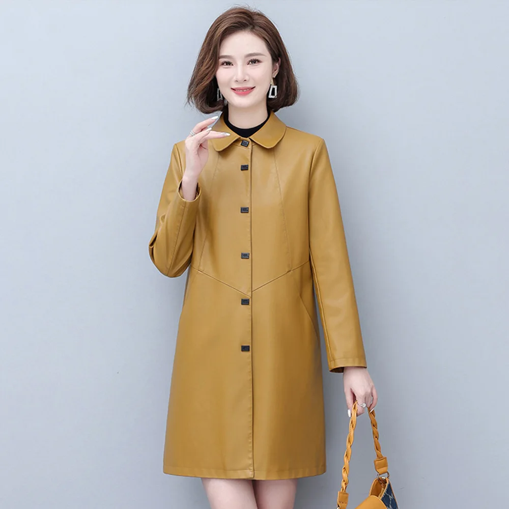 New Women Spring Autumn Leather Coat Casual Fashion Turn-down Collar Medium Long Loose Sheepskin Trench Coat Mother Outerwear