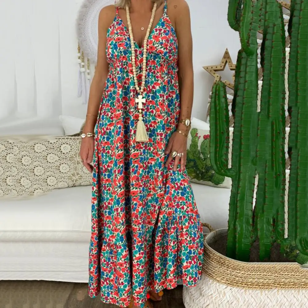 Bohemian Women V Neck Flower Print Loose Sleeveless Casual Beach Maxi Dress
