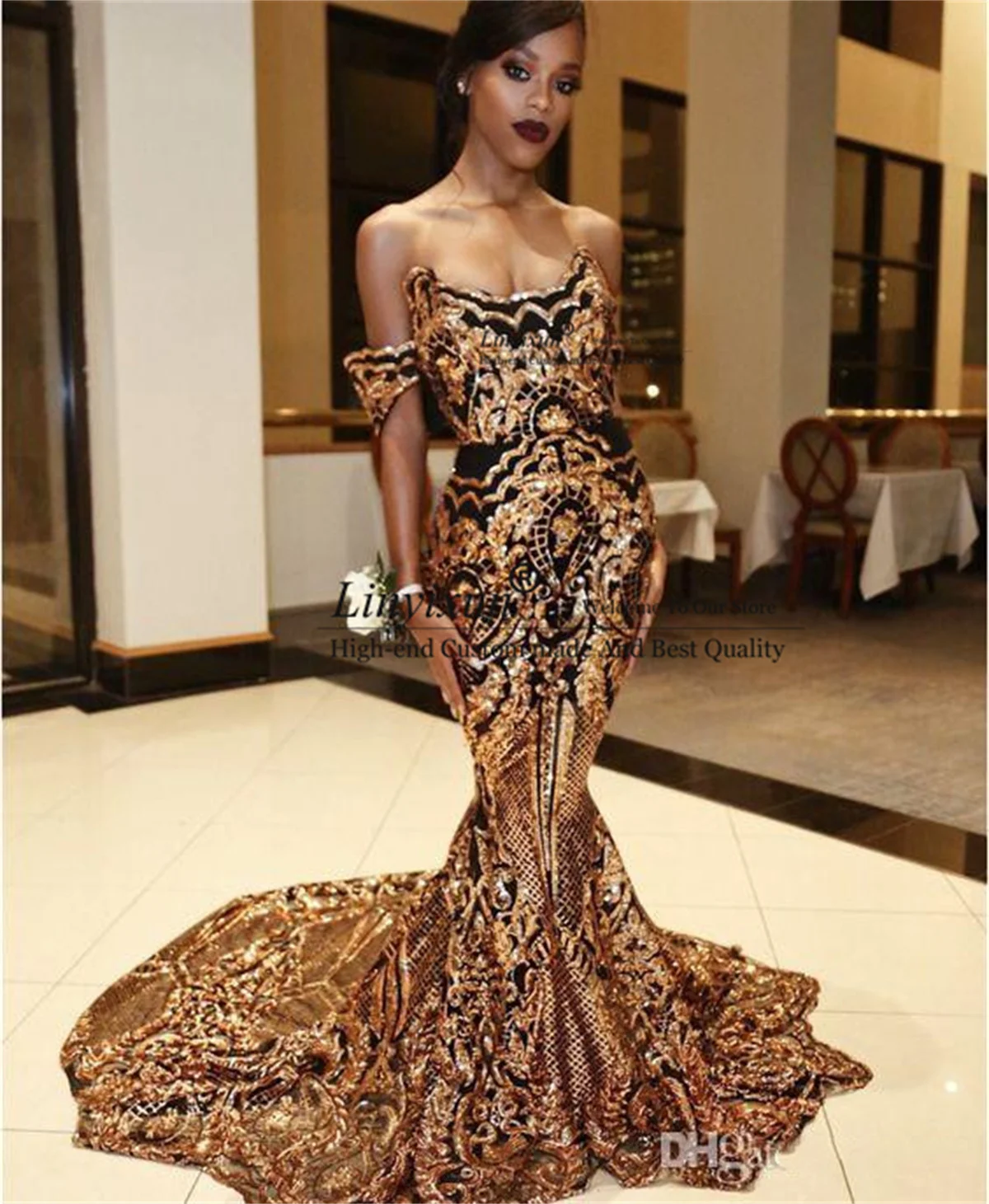 

Sparkly Luxury Gold Black Mermaid Prom Dresses Off Shoulder Sexy African Evening Gowns Sequin Lace Court Train Robes de soirée