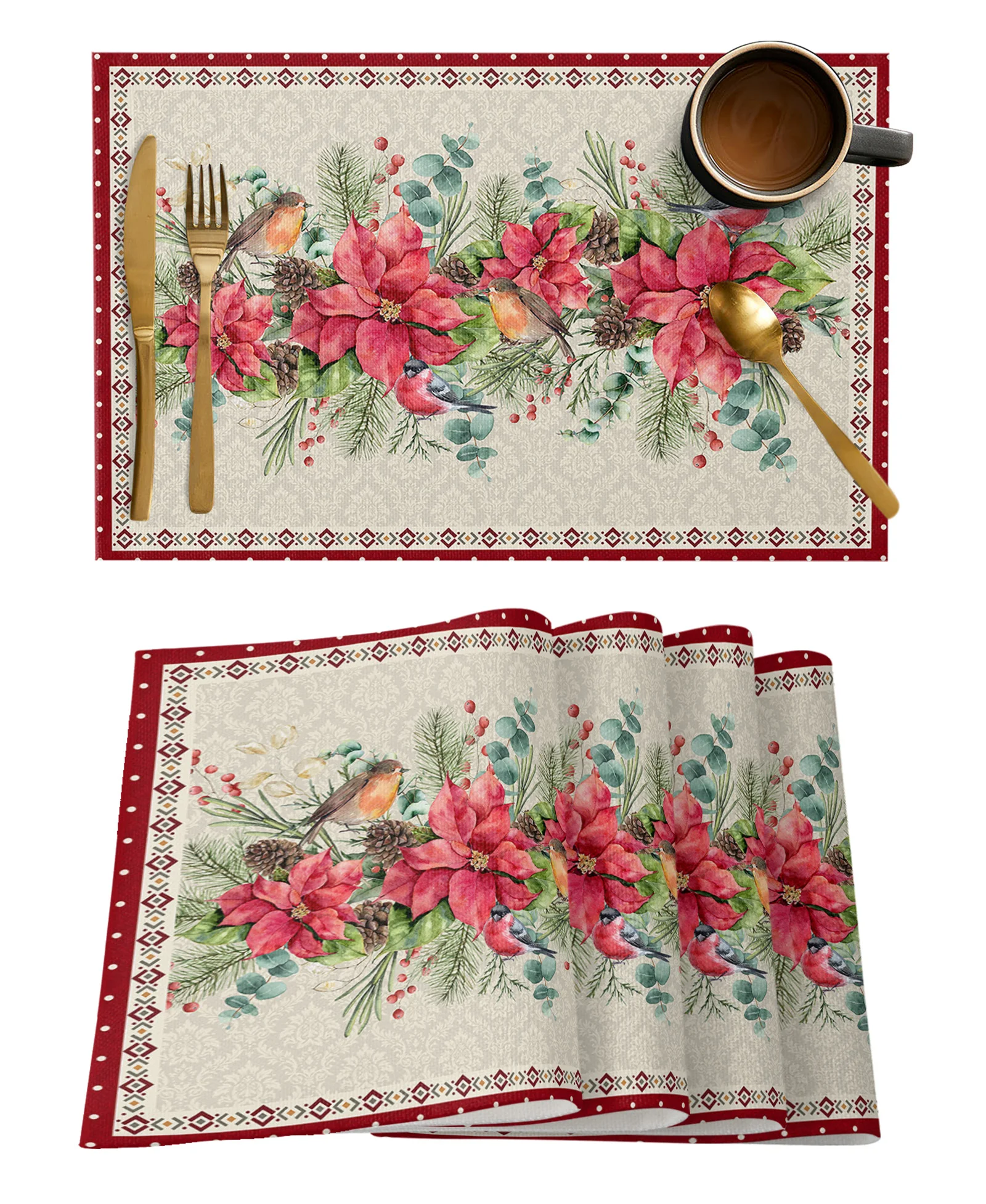 

4/6 Pcs Christmas Eucalyptus Berry Fir Robin Kitchen Placemat Christmas Dining Table Decor Table Mat Home Decor Bowl Cup Mat