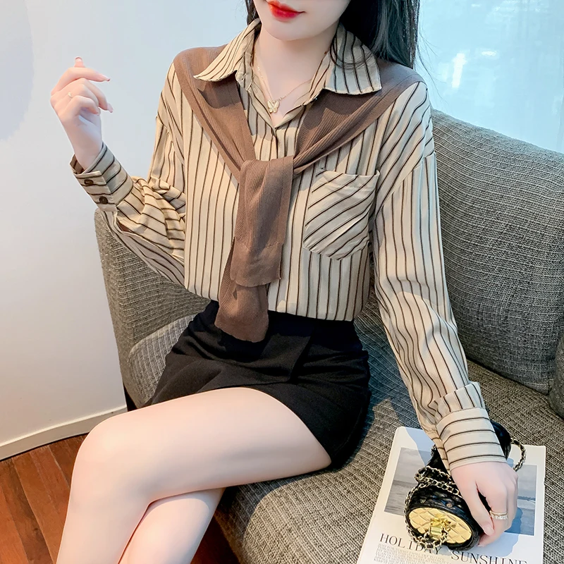 

New Chic Spring Long Sleeve Blouses Women Plaid Shirts Ladies Printing Female Fake Two Shawls Causal Office Striped Top Sh29