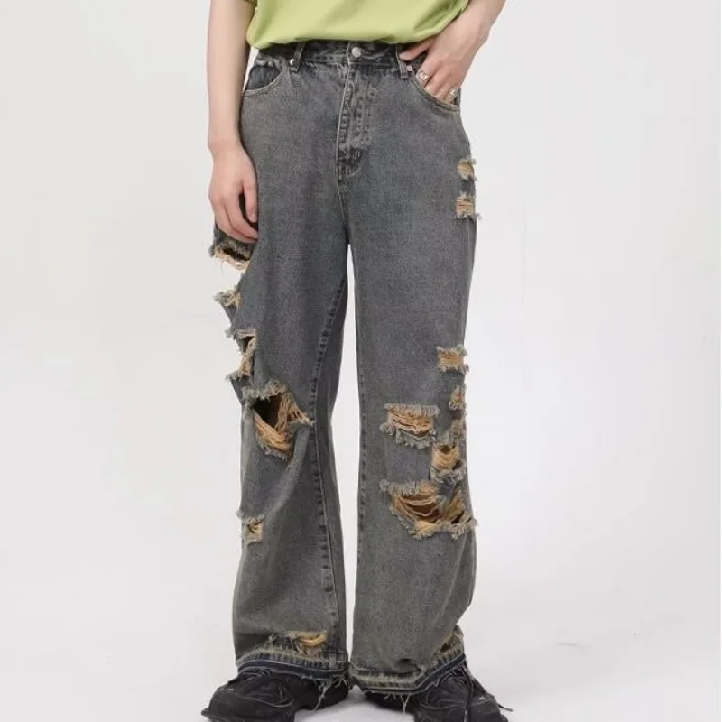DEEPTOWN Ripped Punk Jeans Loose Casual Streetwear Distressed Denim Trousers Male Cowboy Pants Man Vintage Retro Hip Hop Hole