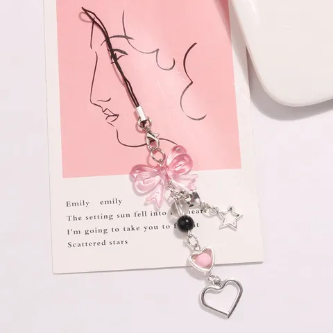 Goth Y2K Phone Charm Pink Silve Bow Heart Star Keychain Pendant Key Chain Bag Phone Chain Cute Accessory For Girls Women Jewelry