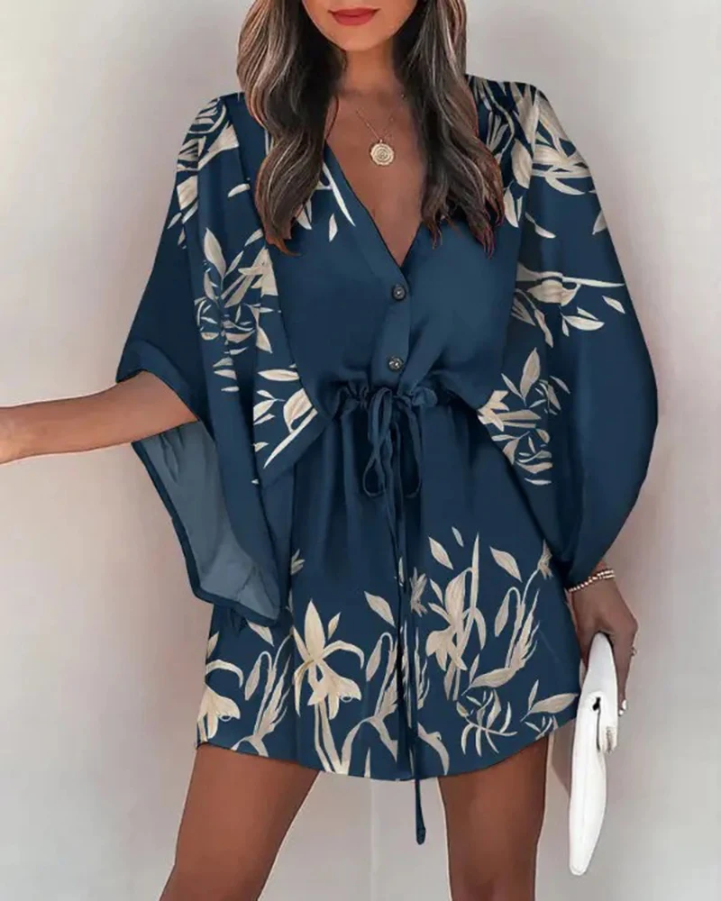 

Summer Women Elegant Loose Dresses Sexy V Neck Lace-up Floral Print Button Batwing Sleeve Mini Dress Casual Party Vocation Robe