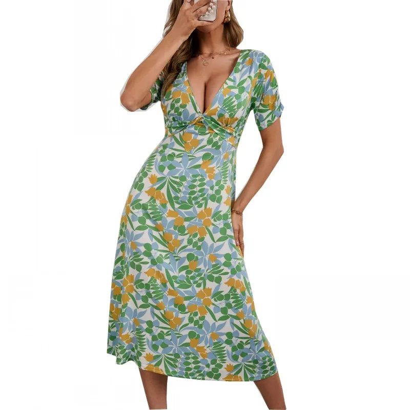 

Short Sleeve Dresses Women Plunge V Neck High Waist Mid Calf Robes Fashion New Floral Print Beach Holiday Long Dress 2022 Summer