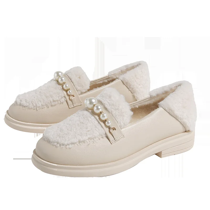 Fashion Pearl Design loafers Women Winter Platform Shoes Plush Shoes Women Outdoor Faux Fur Warm Cotton Shoes Large Women Shoes