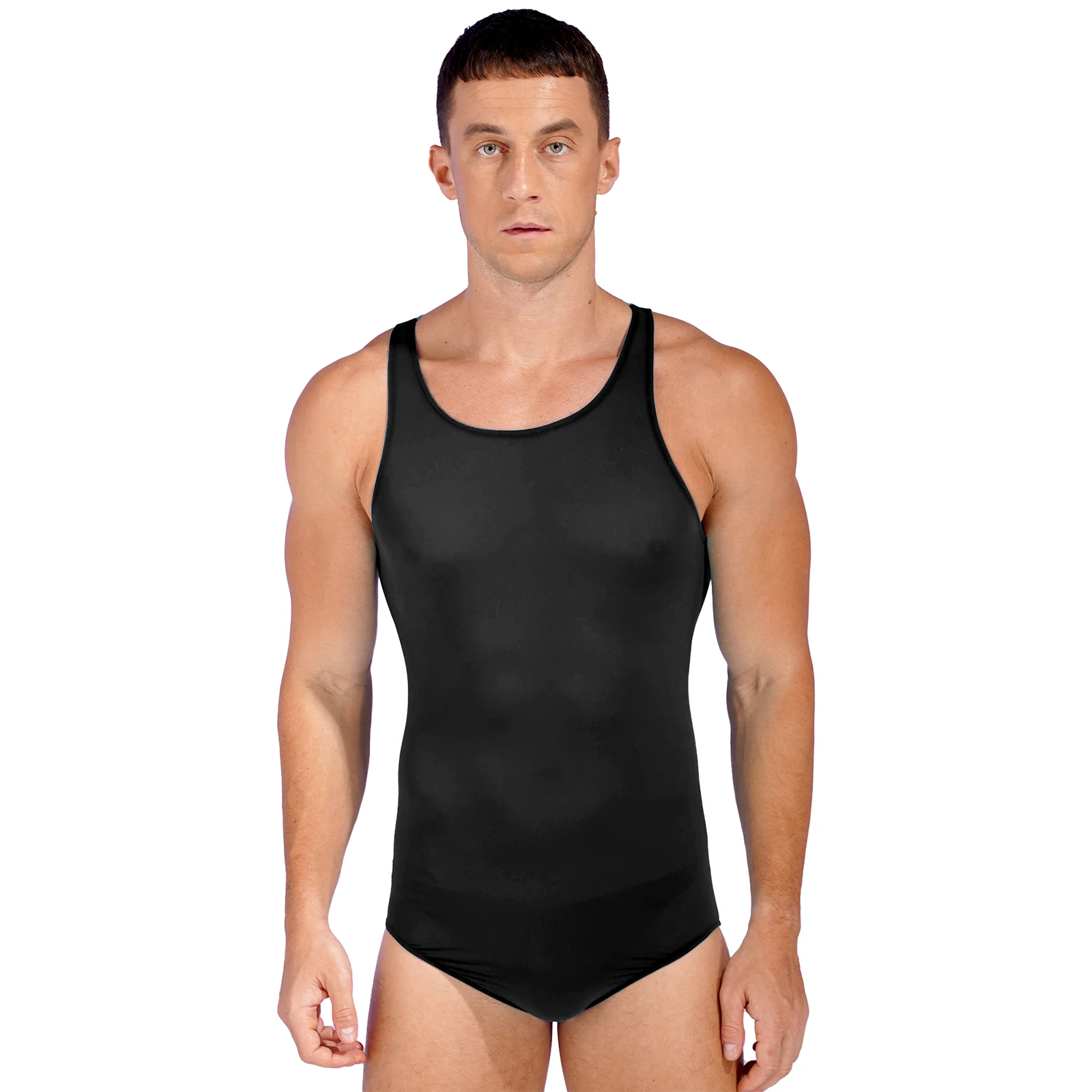 

Men See-Through Sleeveless Bodysuit Stretchy Jumpsuit Wrestling Singlet Leotard One-Piece Swimsuit Swimwear