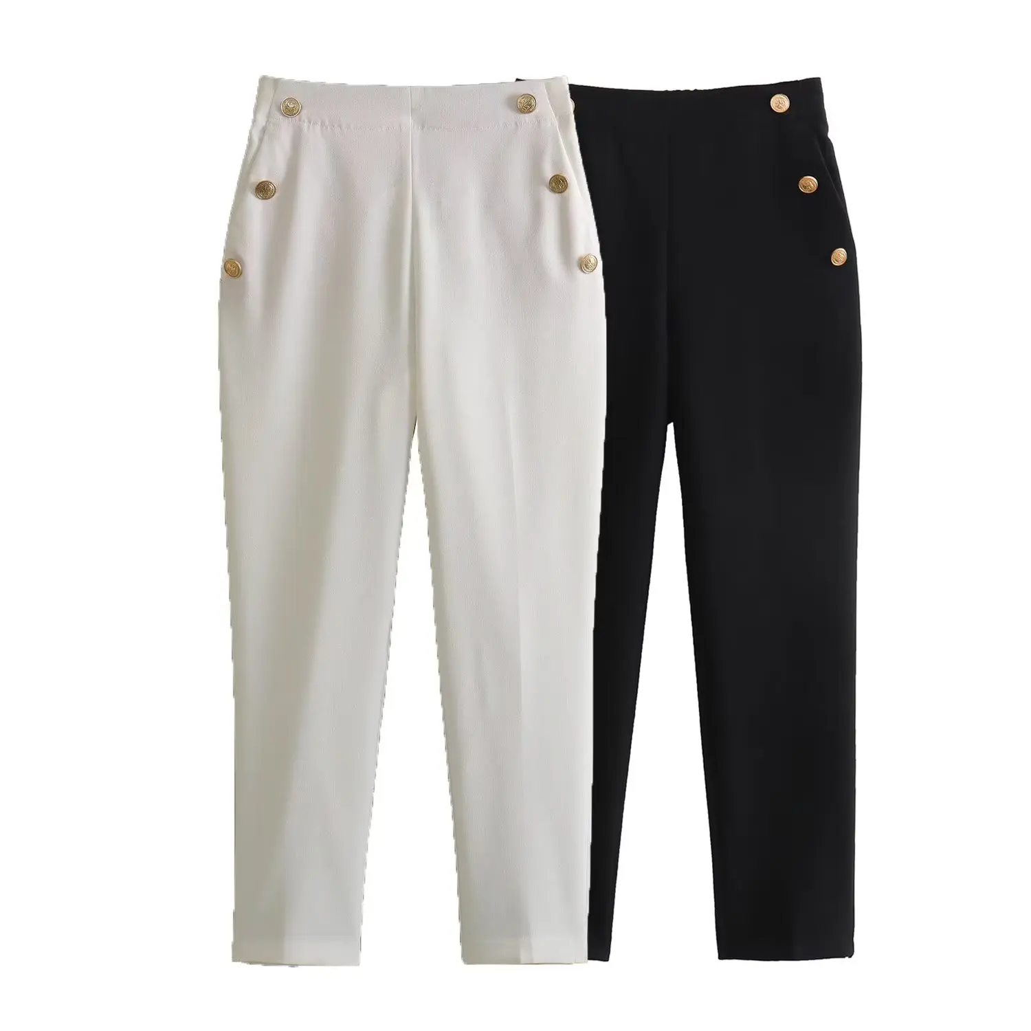 

2023 new women's commuter casual trousers black high-waisted buttoned straight trousers 7484420