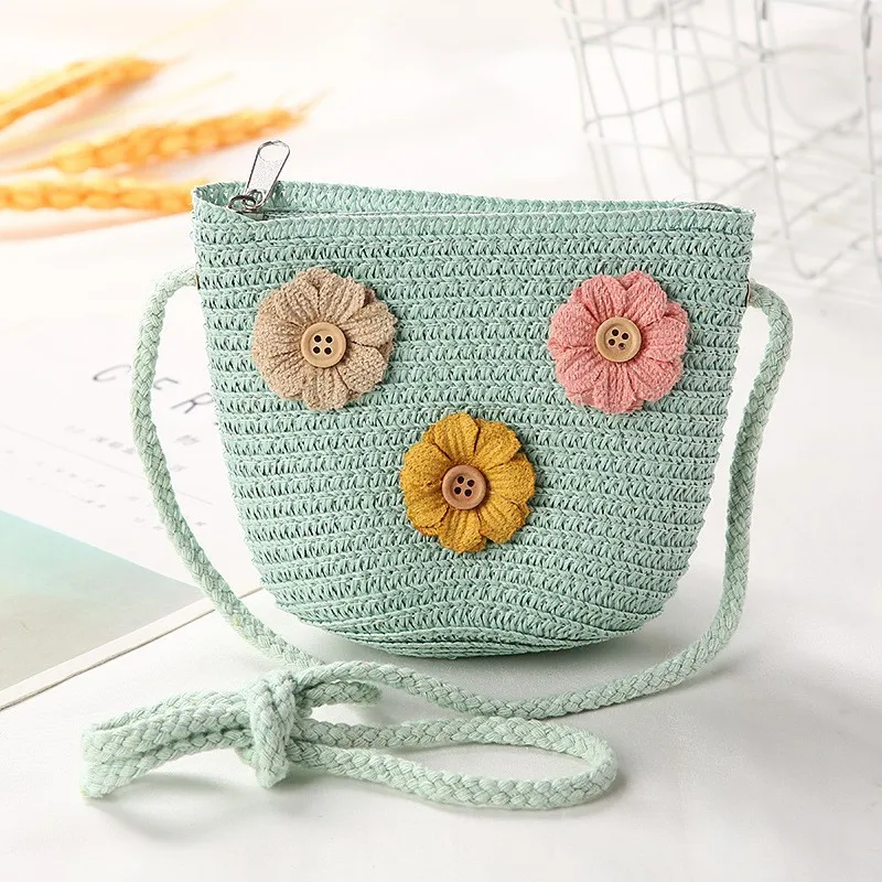 Cute Children's Straw Shoulder Bags Flower Baby Girls Small Bucket Crossbody Bag Boys Kids Mini Coin Purse Beach Handbags