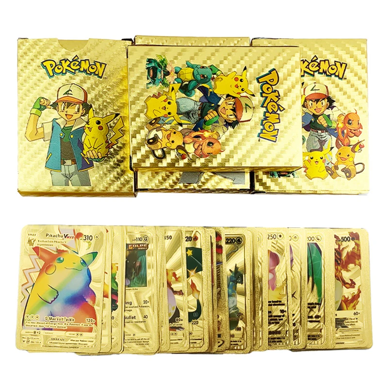 

9-54 pcs Spanish English Pokemon letter Cards Gold black imitation Metal Charizard Vmax Gx Battle Trainer game Card Case boy Toy
