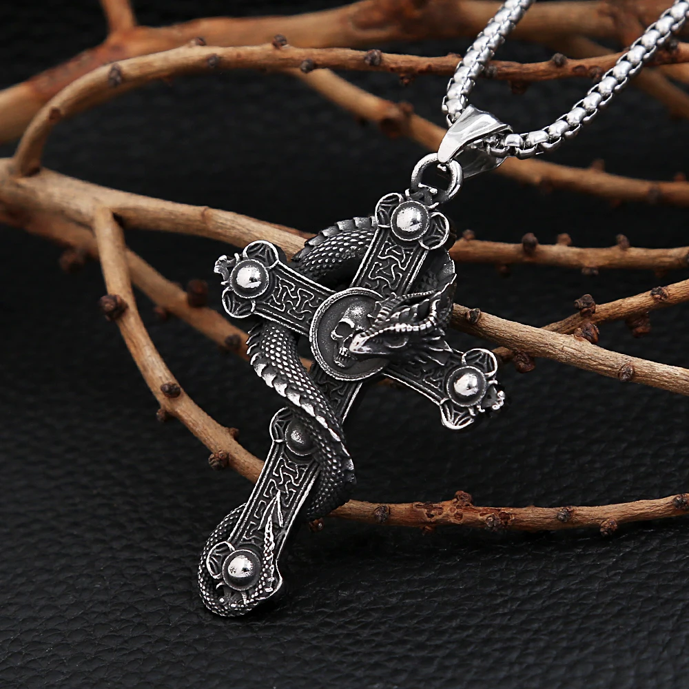 

Vintage Dragon Skull Cross Pendant Necklace For Men Boys Punk Stainless Steel Chain Necklace Gothic Jewelry Party Gift Wholesale