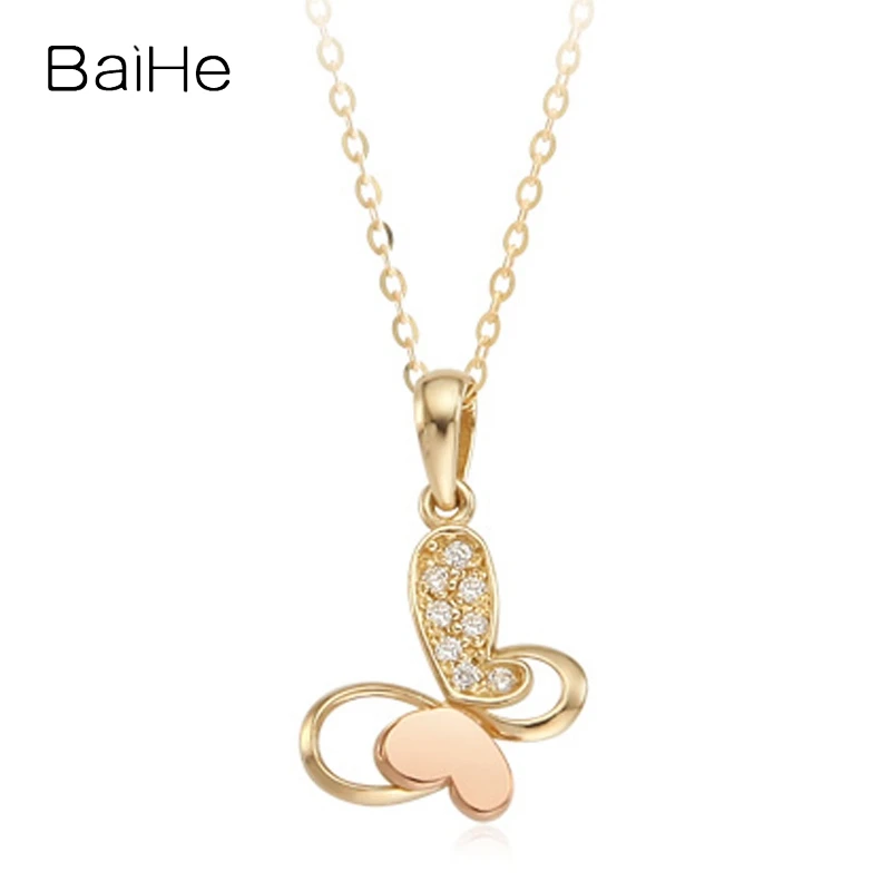 

BAIHE Solid 14K Yellow+Rose Gold H/SI Natural Diamond Butterfly Necklace Women Trendy Fine Jewelry Making قلادة الفراشة Collier