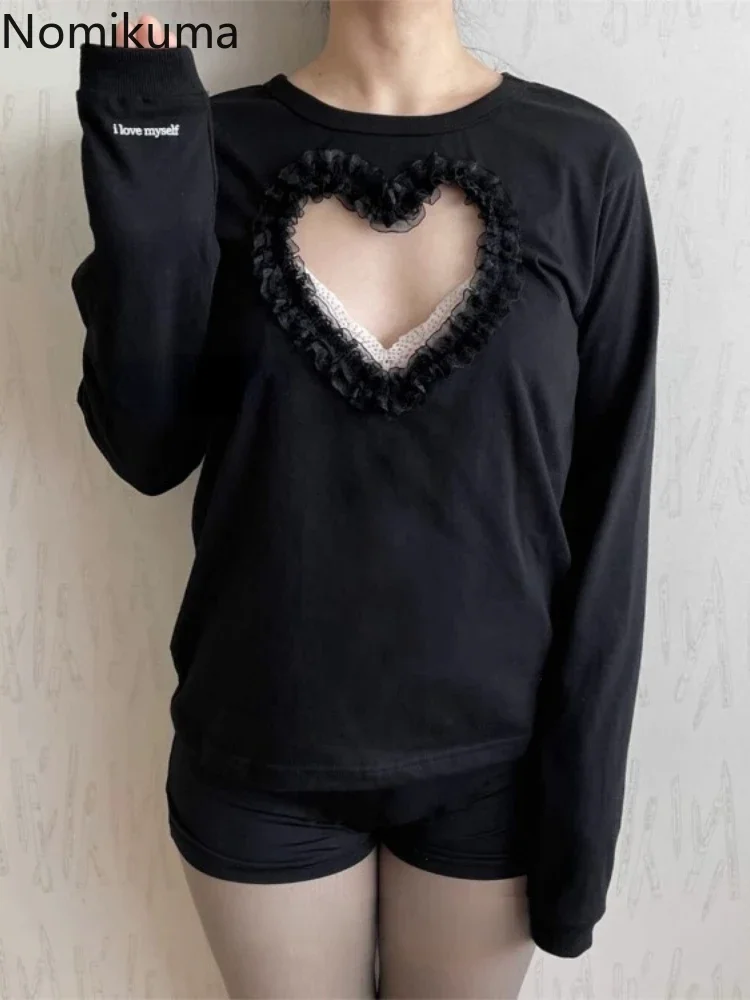 Уличная одежда Y2k Футболки Женская с длинным рукавом и круглым вырезом Кружева Love
